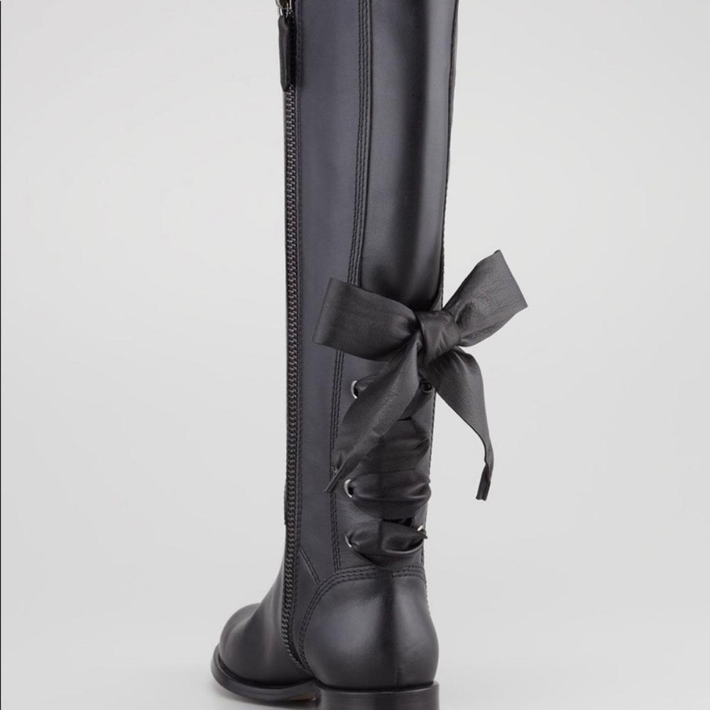 VALENTINO GARAVANI Calfskin Bow Lace Up Back Knee High Tall Boots. Black. Size36